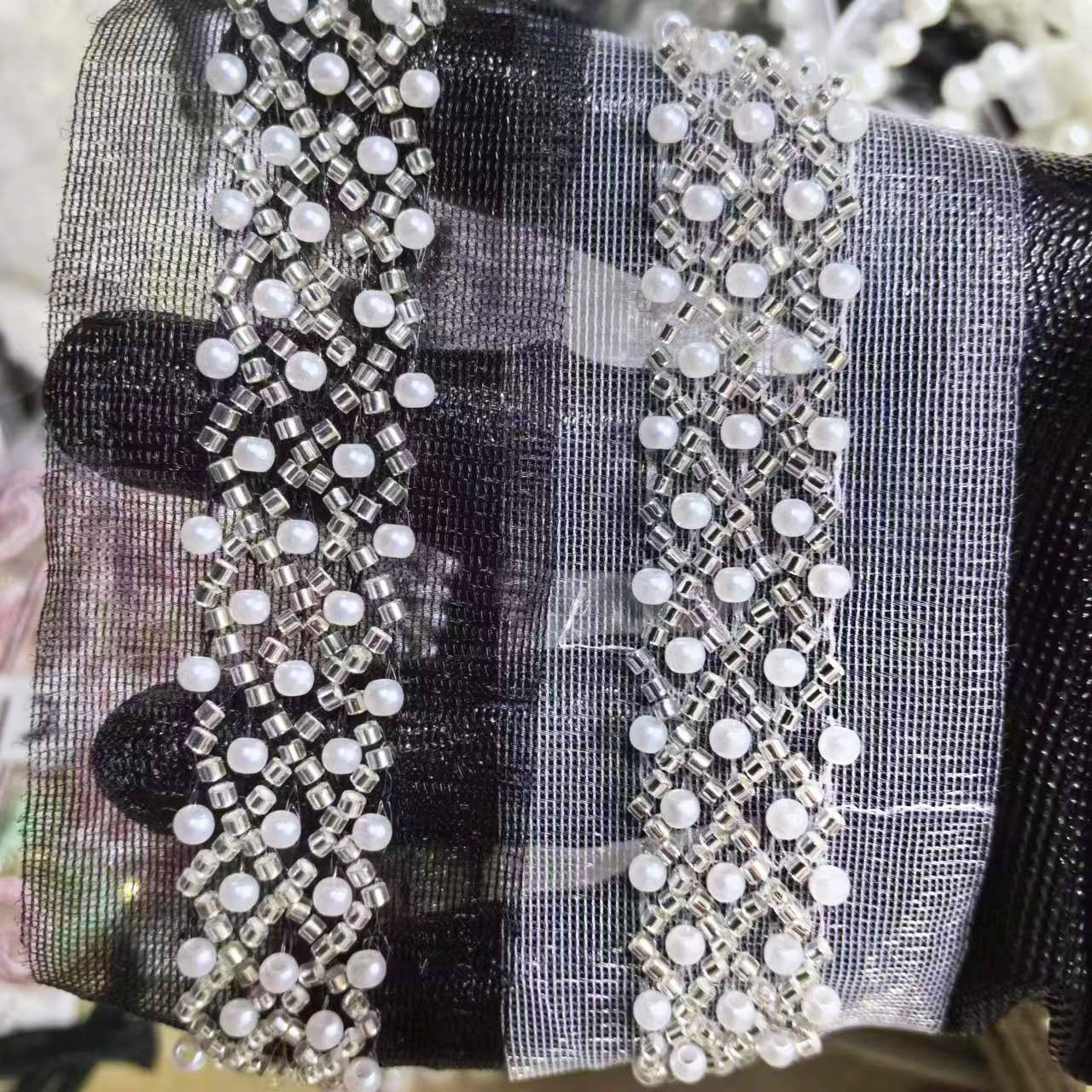 新款网纱珍珠镶钻手工钉珠花边织带蕾丝头巾门襟袖口服装汉服辅料