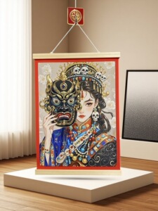 藏式财神扎基拉姆唐卡挂画唐卡转运寓意好入户玄关装饰画实木挂轴