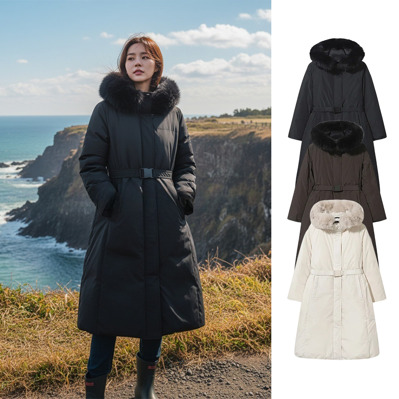 NEPA韩国代购25冬女士户外防风防泼水狐狸毛领长款收腰鹅绒羽绒服
