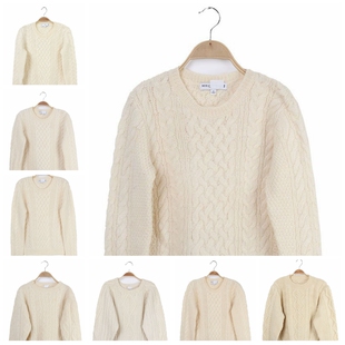 vintage古着孤品复古女粗线手工编织短款阿兰毛衣 白色缆绳波浪纹