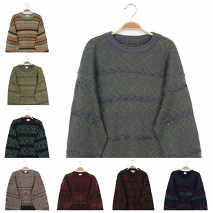 Vintage孤品古着日本复古文艺波普风羊毛男毛衣 绞花缆绳纹抽象