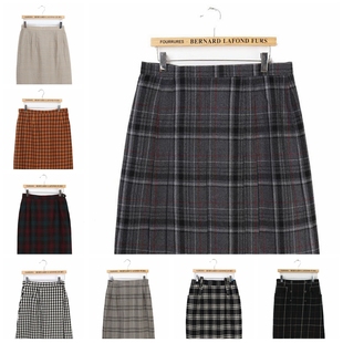 纹 苏格兰风格 Vintage古着孤品春季 复古文艺英伦风包臀毛呢半身裙