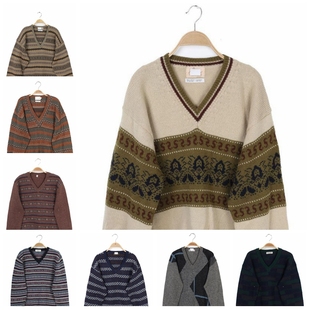 Vintage古着孤品秋冬羊毛男装 V领费尔岛北欧风 文艺范波普风毛衣
