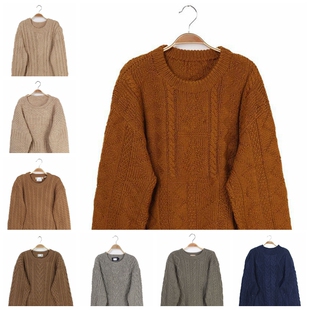 vintage古着复古孤品男款粗线编织文艺中古毛衣 绞花缆绳纹大地色