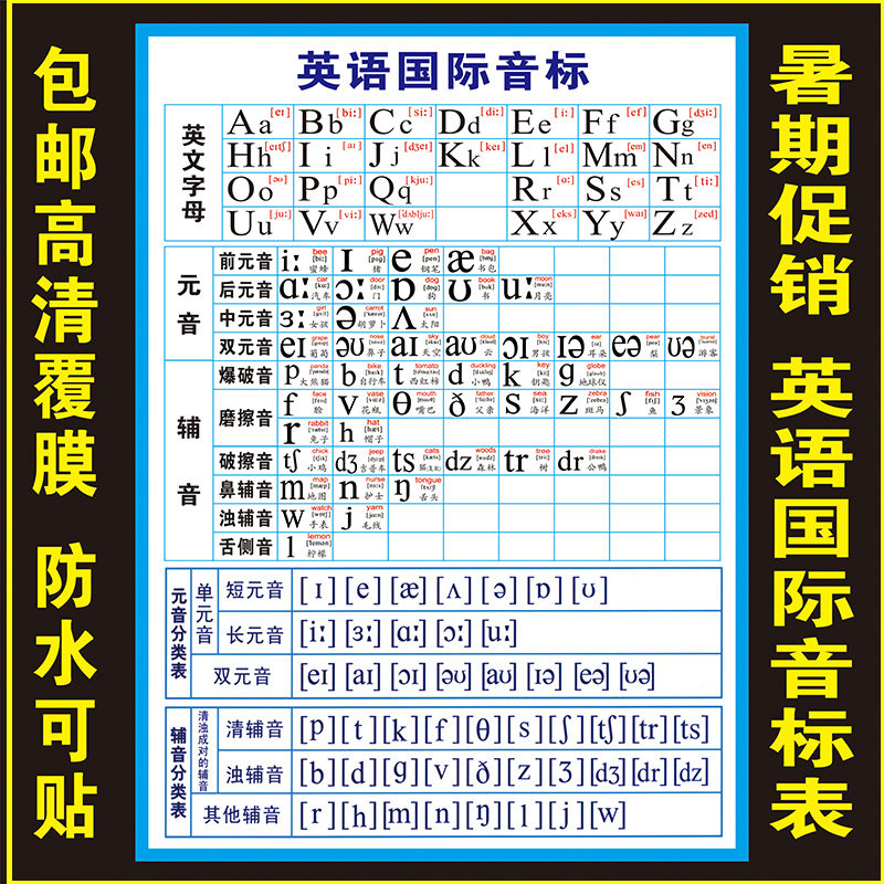 包邮新版英语国际音标分类表挂图海报 英文字母元音宣传画墙贴画