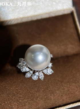 月光青粉澳白珍珠戒指纯银高奢戒
