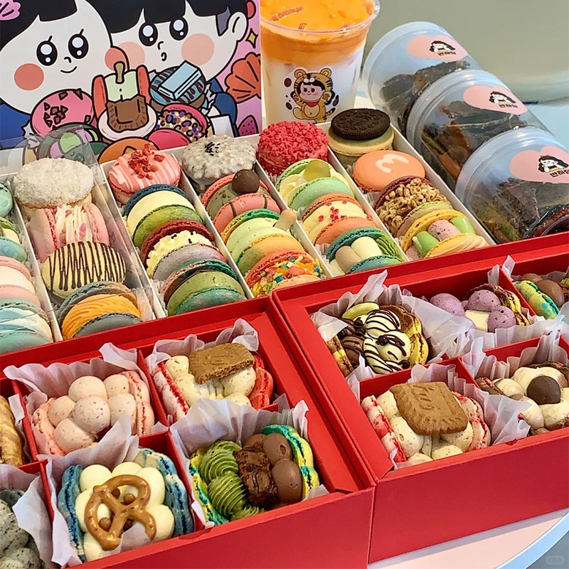 Ins韩国进口韩式马卡龙甜品礼盒手绘奶油胖卡龙卡通甜点达克瓦兹