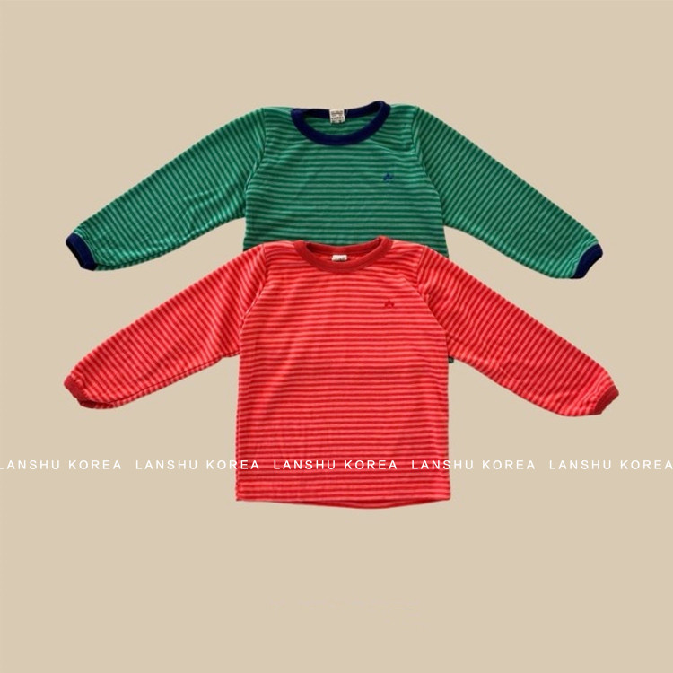 现货【Amore】懒鼠韩国童装26春款男童女童撞色圆领复古条纹T恤