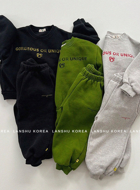 包邮【Gou】懒鼠韩国童装25冬款男女童字母卫衣卫裤加绒亲子套装