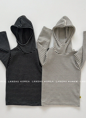 【Gou】懒鼠韩国童装25冬款男童女童时髦感条纹连帽叠穿亲子T恤