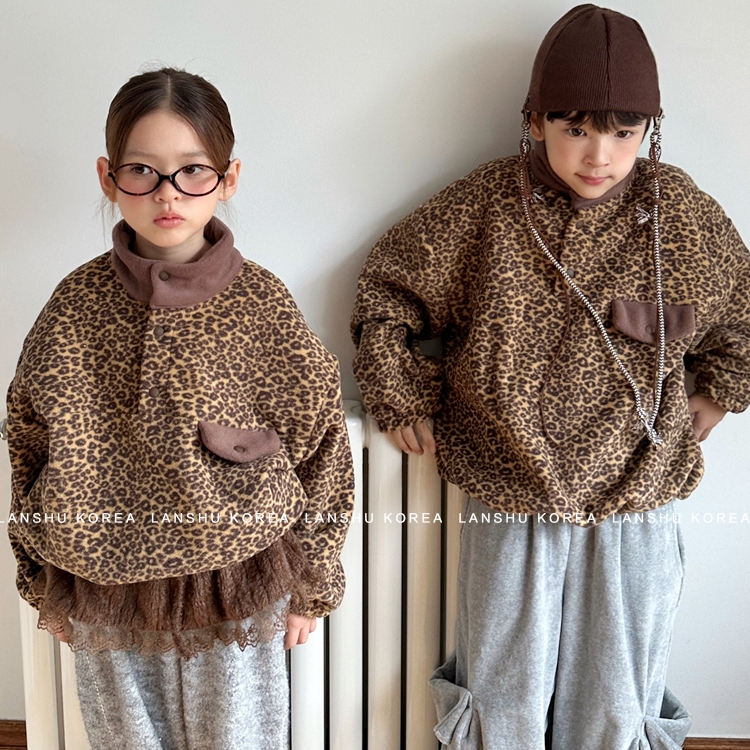 【Elly】懒鼠韩国童装25冬款中大童美式时髦豹纹纯色厚实纽扣绒衫