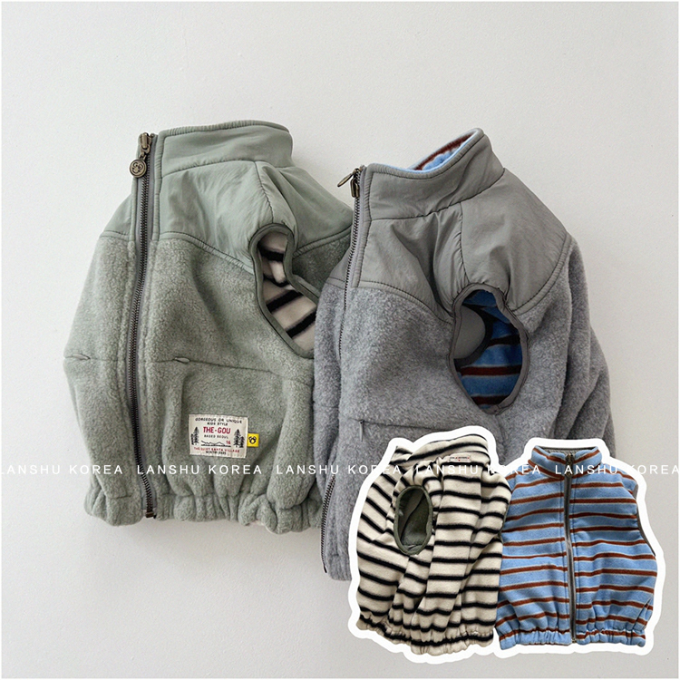单品包邮【Gou】韩国童装25冬款男童女童拉链拼接条纹两面穿马甲