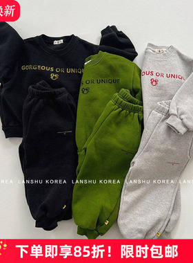 包邮【Gou】懒鼠韩国童装25冬款男女童字母卫衣卫裤加绒亲子套装