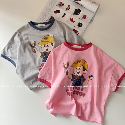 现货【Navi】懒鼠韩国童装26夏男女童复古撞色边卡通图案短袖T恤