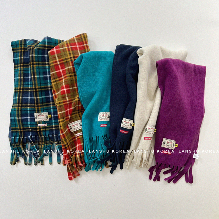 【Gou】懒鼠韩国童装25冬款软糯亲肤软糯纯色+格子流苏保暖围巾
