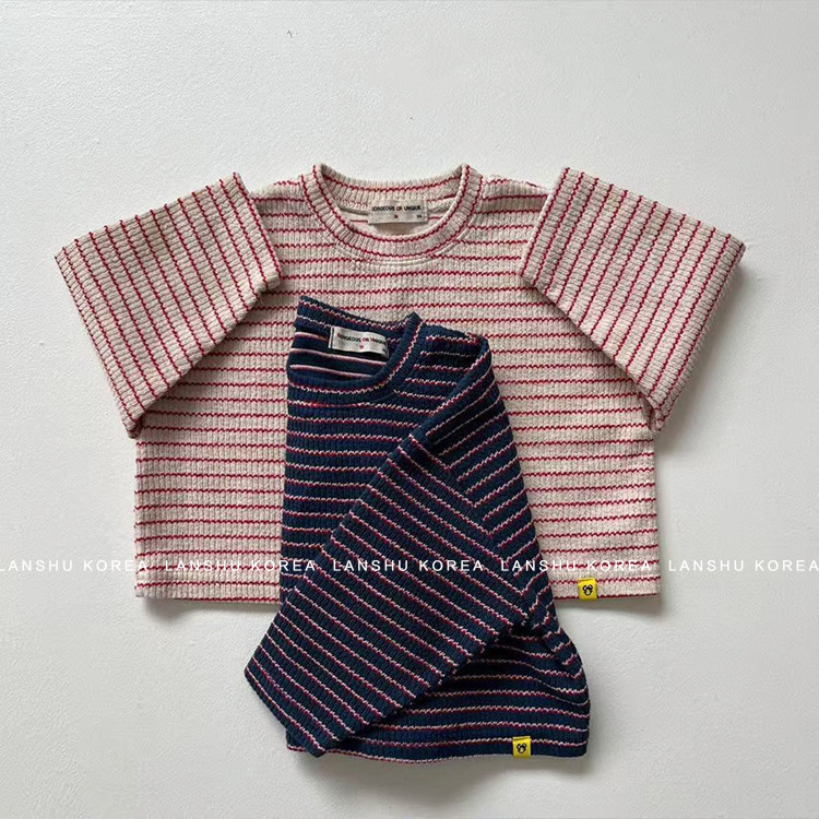现货【Gou】懒鼠韩国童装26春款女童撞色细条纹圆领套头棉线衫T恤