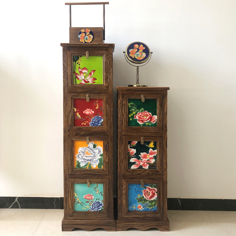 [绘陶家居]立体浮雕手绘陶瓷镶嵌老榆木实木收纳储物柜复古柜斗柜,住宅家具,斗柜,淘宝优惠券,粉丝福利购,淘宝优惠卷