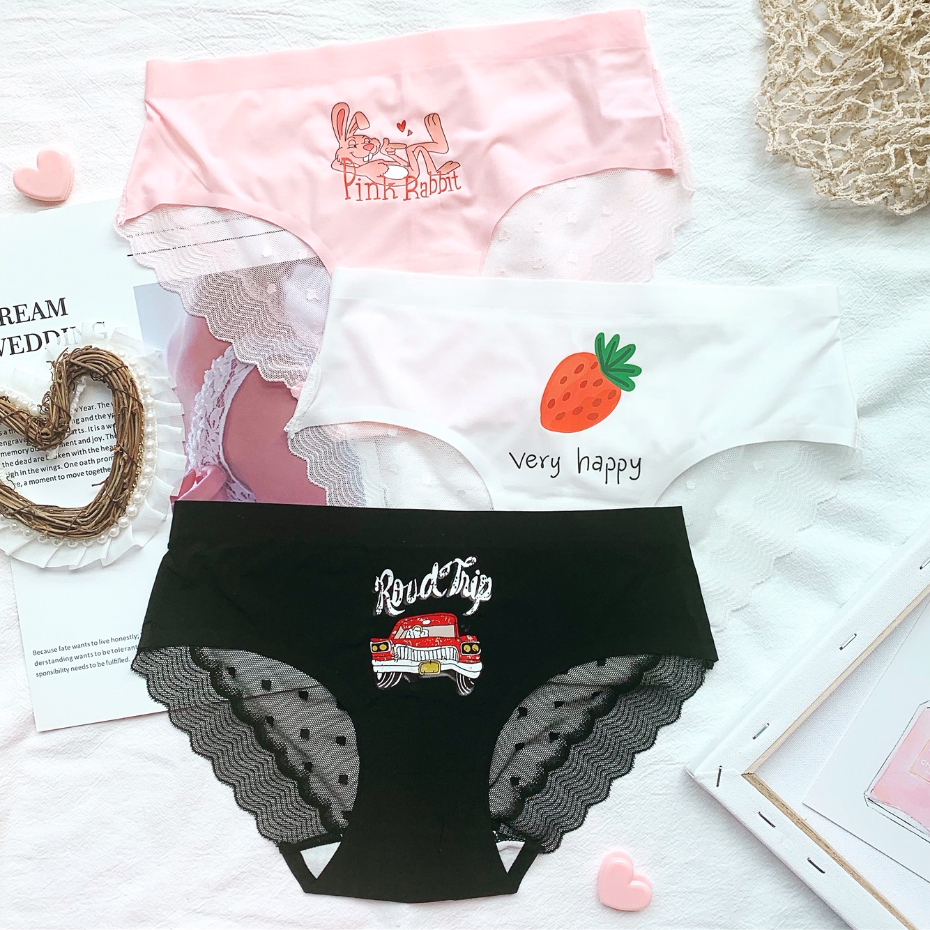 3条装透明网纱性感波点蕾丝薄冰