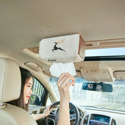 汽车用品创意加强磁吸顶车载纸巾盒 原创亚麻车上车内车用抽纸盒