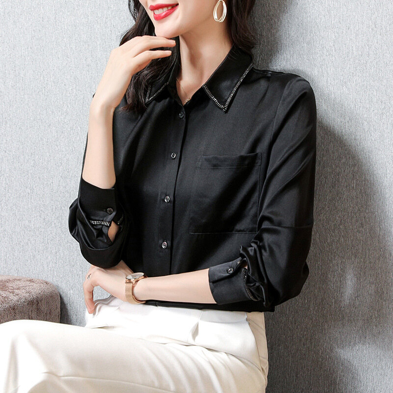 仿真丝衬衫女缎面杭州丝绸重磅桑蚕丝黑色气质长袖衬衣打底上衣
