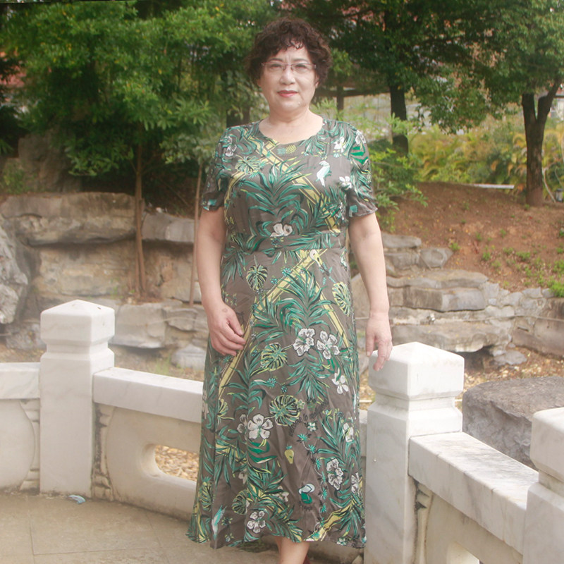 夏季真丝中长款短袖连衣裙加肥大码胖妈妈款时尚减龄显瘦印花裙子