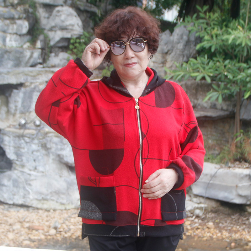 春秋加肥加大码胖妈妈时尚外套中老年人宽松拉链上衣连帽卫衣开衫