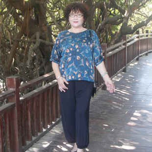 中年夏洋气妈妈套装 上衣冰丝高腰灯笼裤 大码 两件套 真丝香云纱短袖