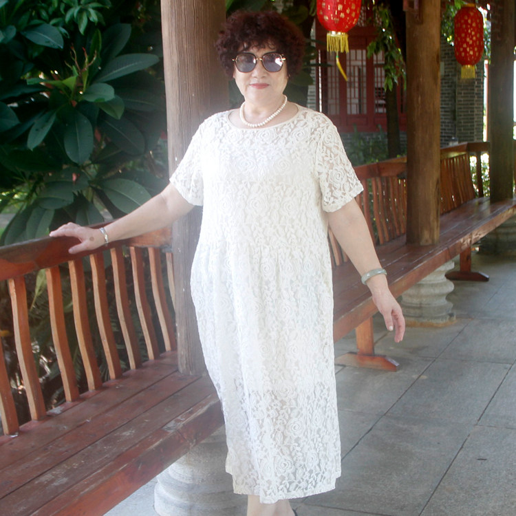 胖妈妈蕾丝中长过膝短袖连衣裙
