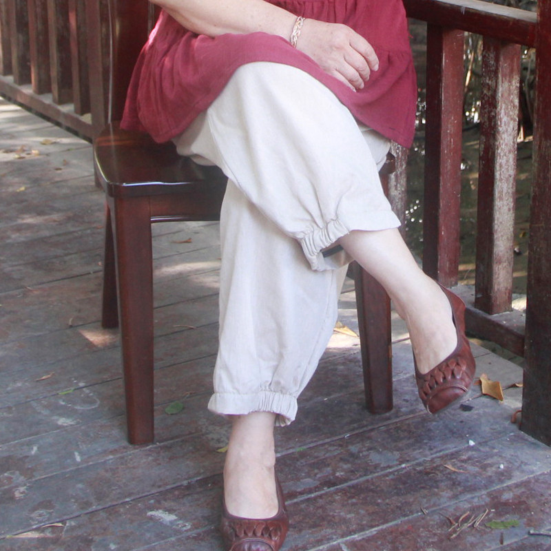 棉麻胖妈妈纯色松紧高腰休闲裤