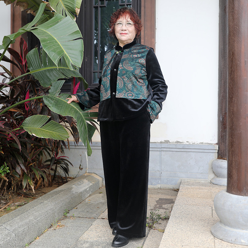 新中式加绒冬季丝绒套装加肥大码胖妈妈装高腰女裤子洋气宽松上衣