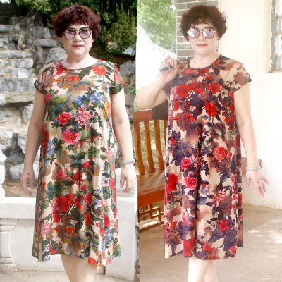 棉麻胖妈妈中长款过膝印花连衣裙