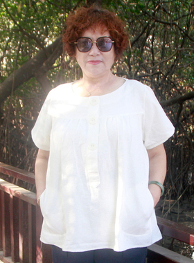 夏装新款棉麻女短袖中老年宽松遮肚休闲白色半袖加肥大码胖妈妈装