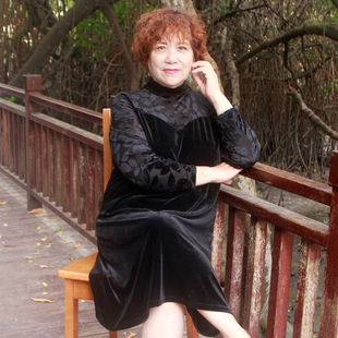 中老年春秋立领长袖连衣裙真丝绒小性感通勤特大码胖妈妈A型裙子