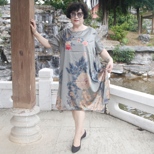 中老年人夏季香云纱连衣裙加肥大码超胖妈妈装奶奶宽松真丝裙