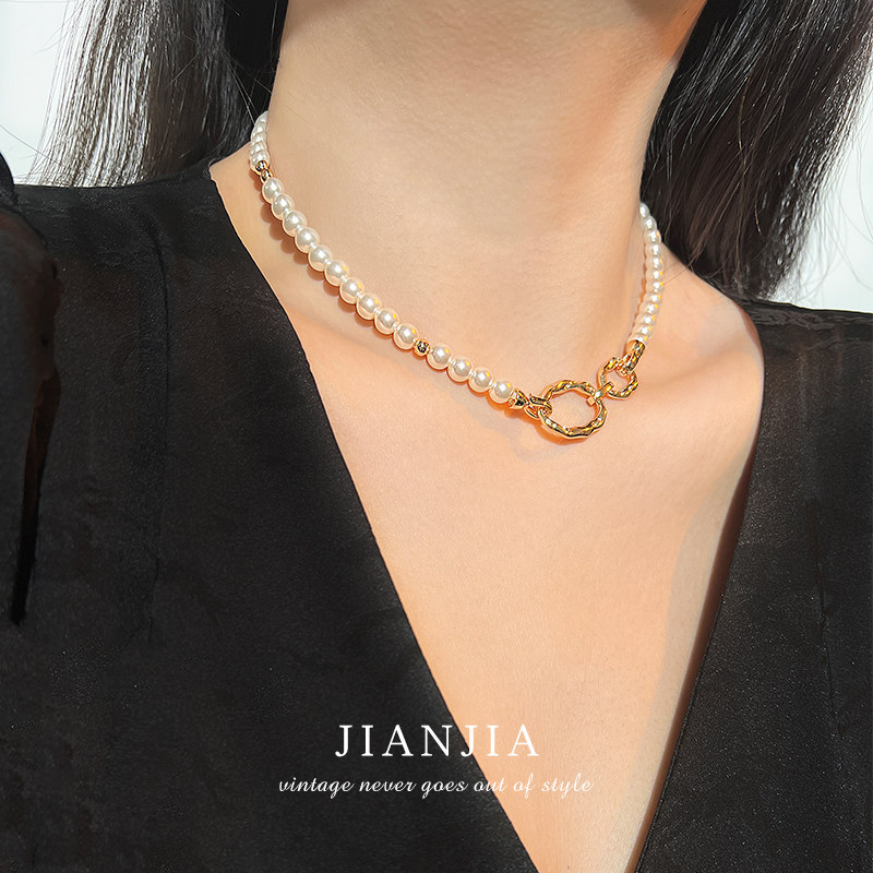 复古法式中古老钱风正圆珍珠项链