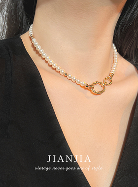 复古法式中古老钱风正圆珍珠项链