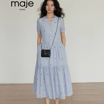 夏季v领短袖条纹衬衫连衣裙女