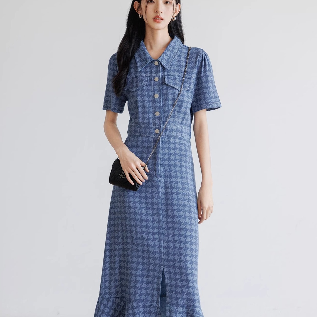蓝色牛仔裙女夏季千鸟格