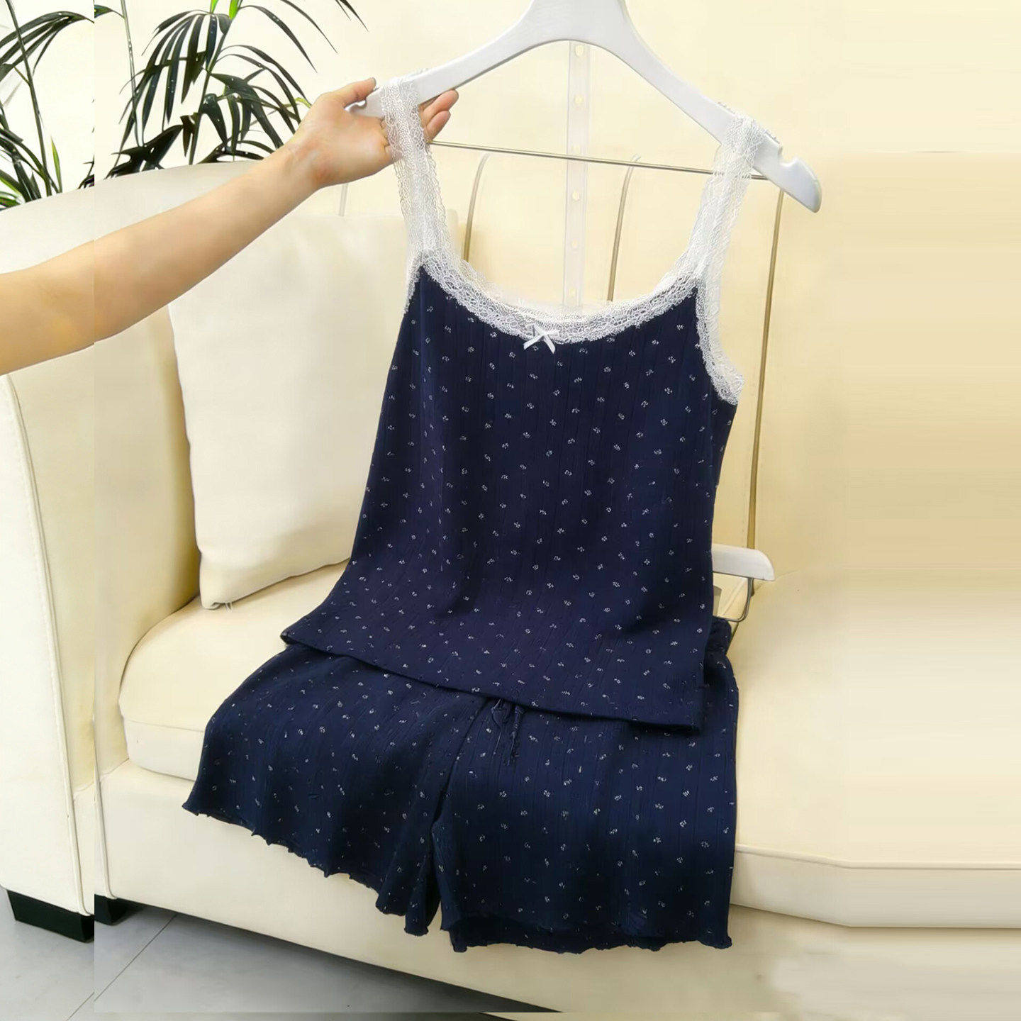 ins纯棉蕾丝吊带短裤睡衣女夏透气甜美碎花少女家居服可外穿