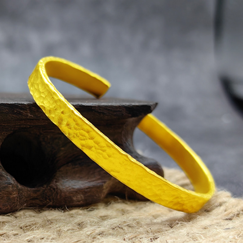 黄金手镯男女款足金999古法锤纹开口素圈可调节简约气质手环送礼