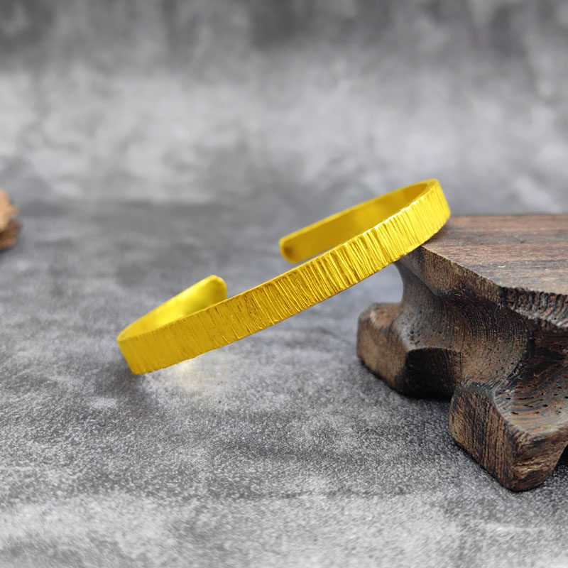 黄金手镯男女款足金999竖纹开口手环时尚简约素圈可调节送礼刻字