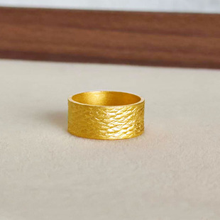 黄金戒指男款足金999古法实心指环个性锤纹宽面大气送礼可刻字