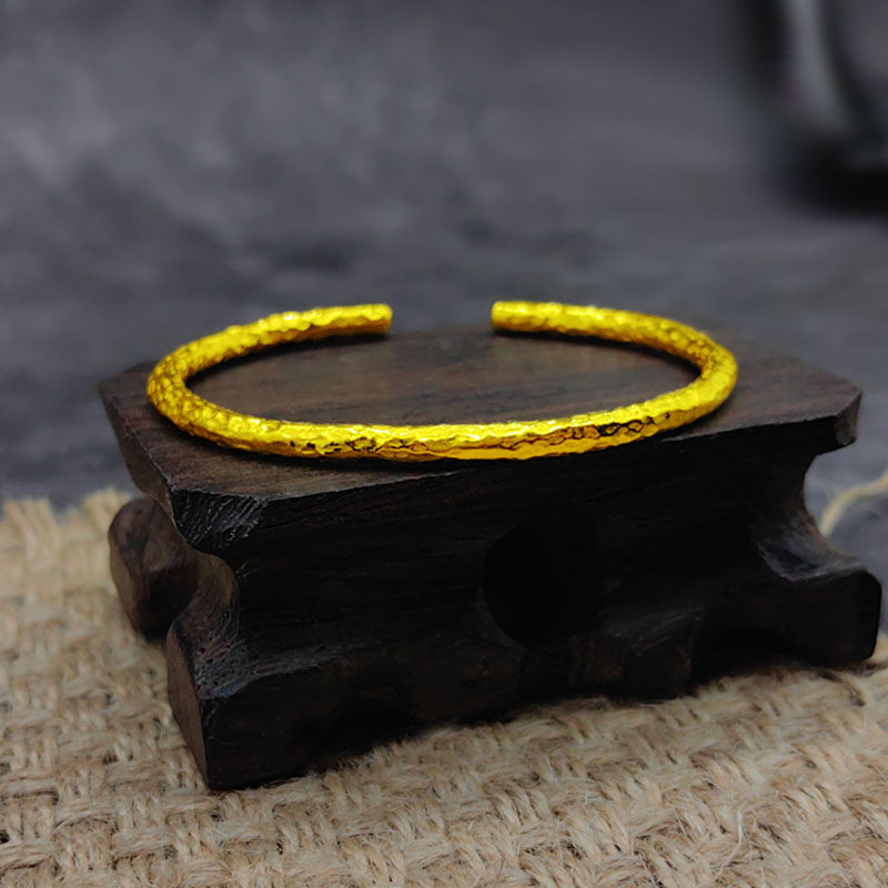 黄金手镯男女足金999个性时尚亮面实心锤纹圆棍开口调节手环送礼