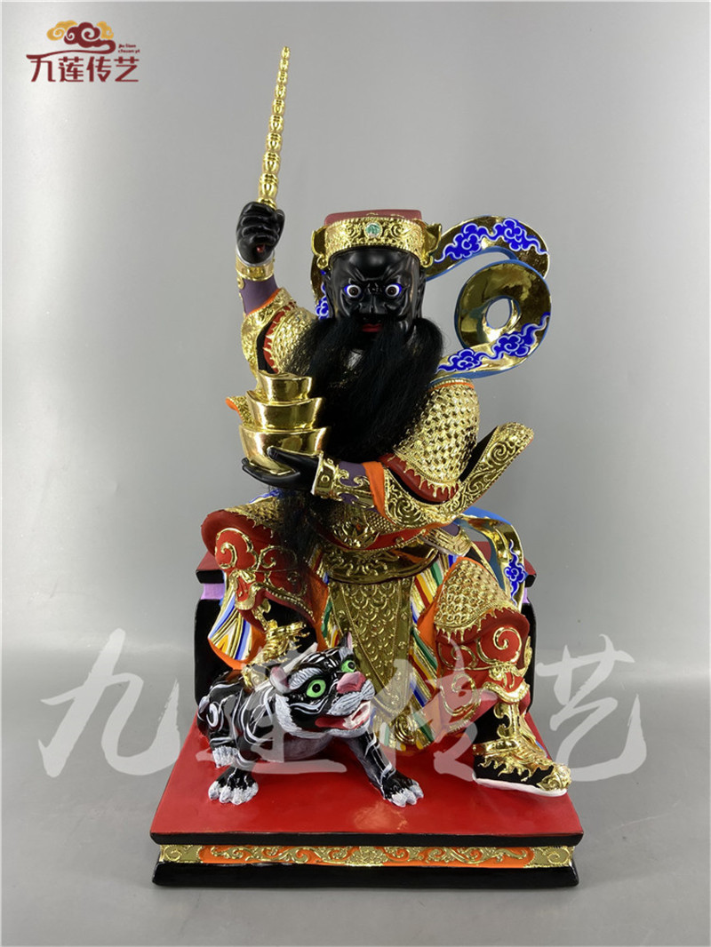 木雕神像踏虎赵公明武财神赵玄坛樟木漆线雕九莲木雕供奉摆件
