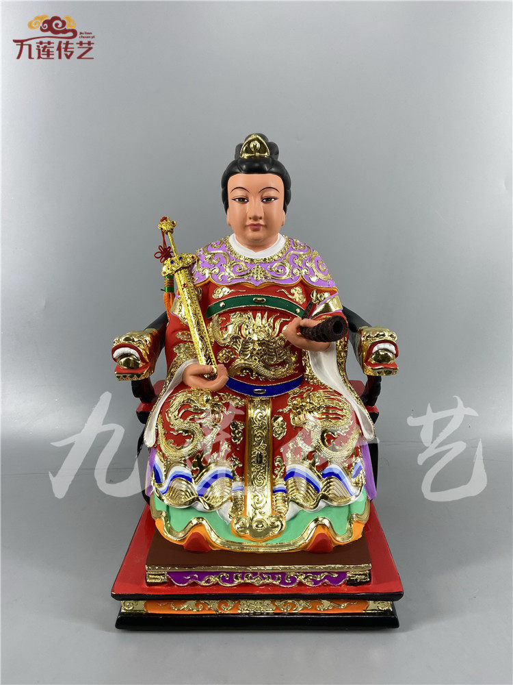 木雕顺天圣母陈靖姑神像临水夫人陈奶夫人樟木手工漆线雕九莲木雕