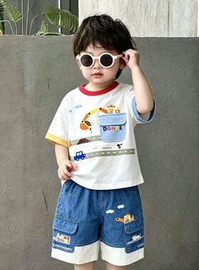 2026新款儿童挖掘机短袖套装夏装时尚洋气男宝宝短袖短裤套装