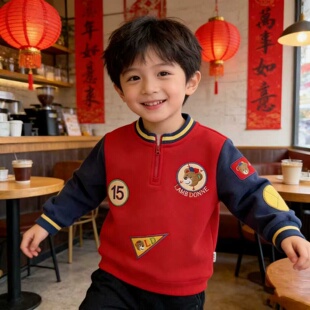 儿童加绒立领卫衣日系小熊卡通刺绣宝宝男女童卫衣冬装新年衣服