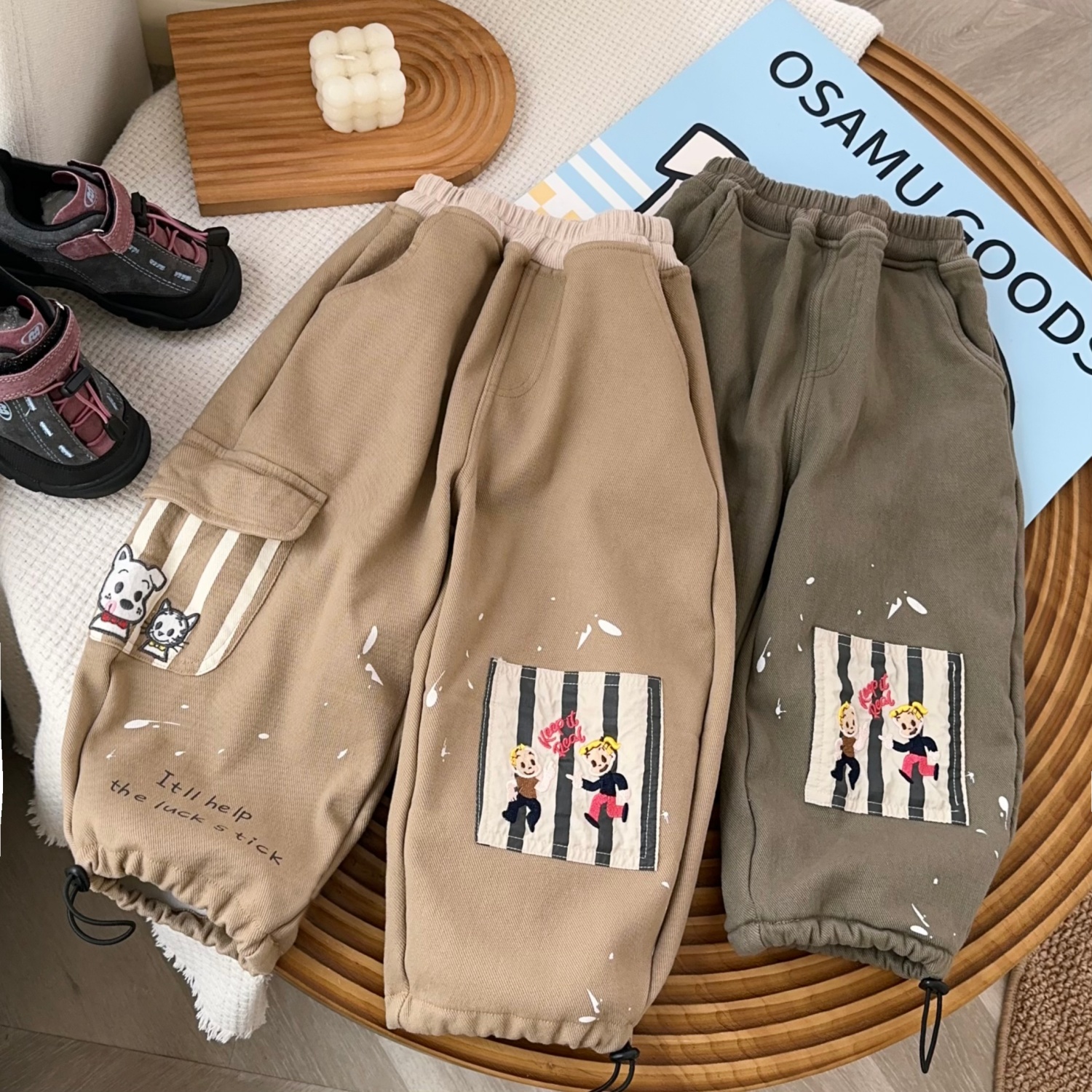 儿童加绒长裤冬装原田治男童休闲裤男宝宝加绒裤子卡通刺绣童装