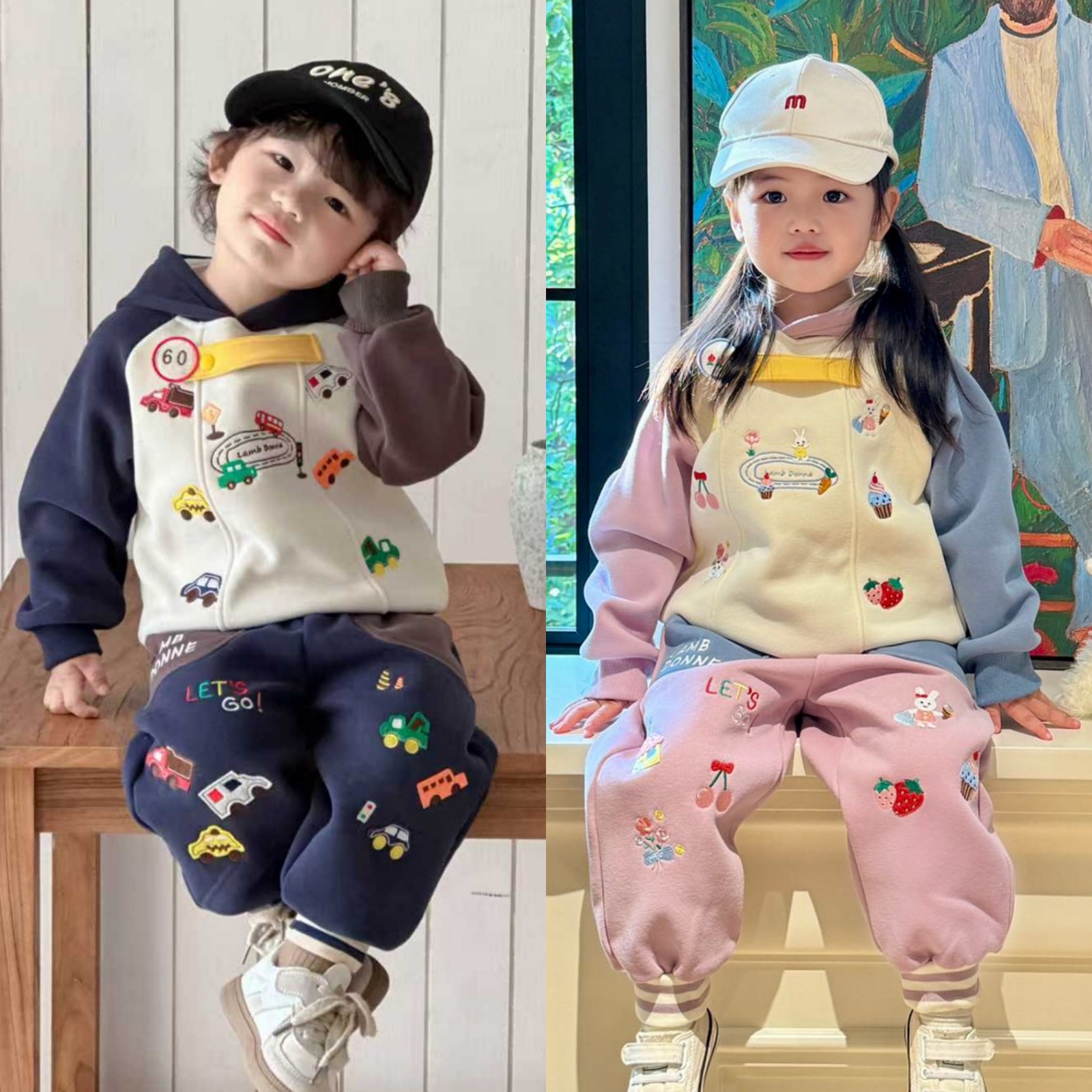 秋季新款男女童日系拼接刺绣卫衣