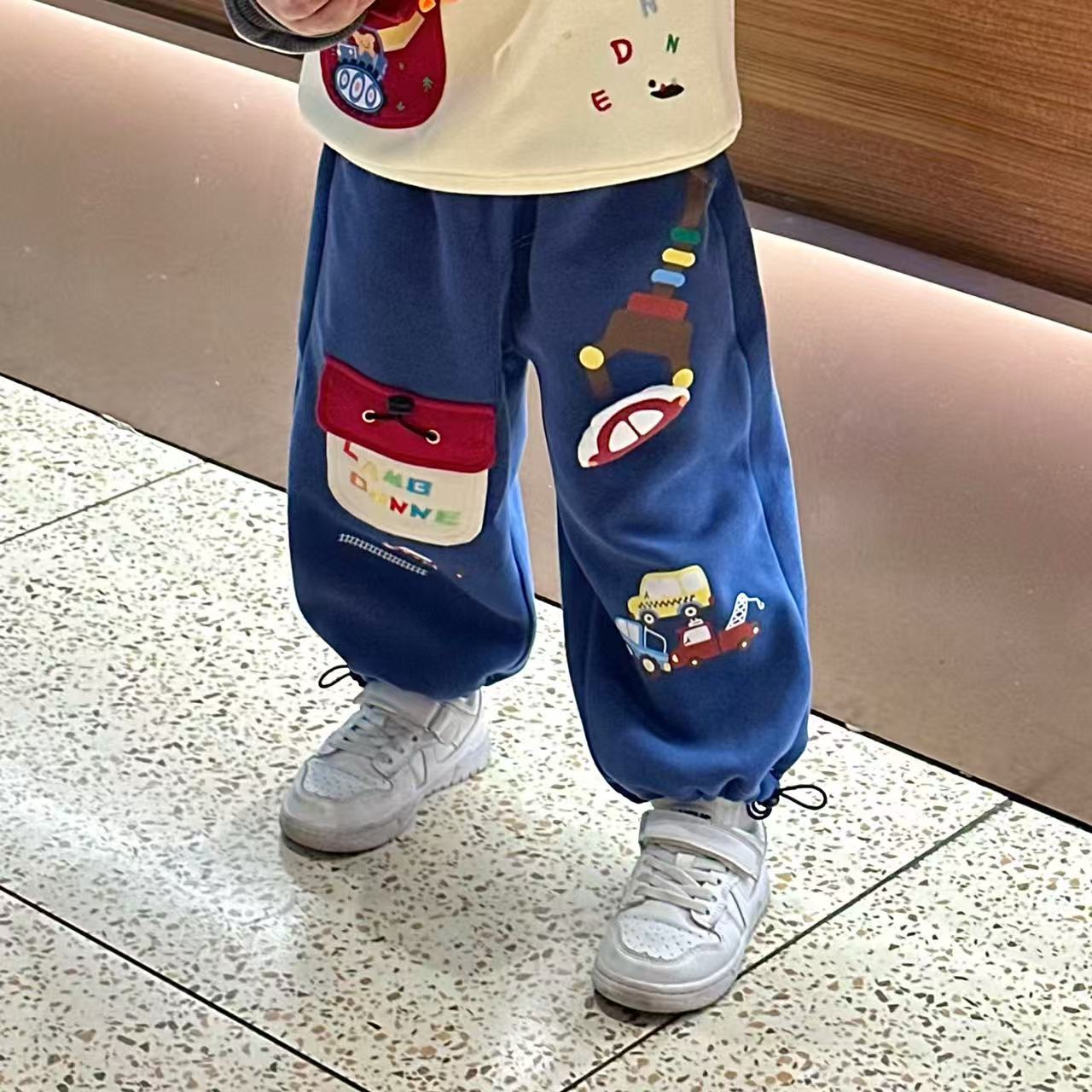 儿童裤子秋款男童长裤男女童抽绳裤子卡通口袋刺绣宝宝裤子童装
